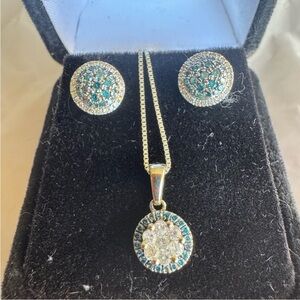 Dazzling 14 k gold ! Silver and Blue diamonds  /Earring /necklace  Set